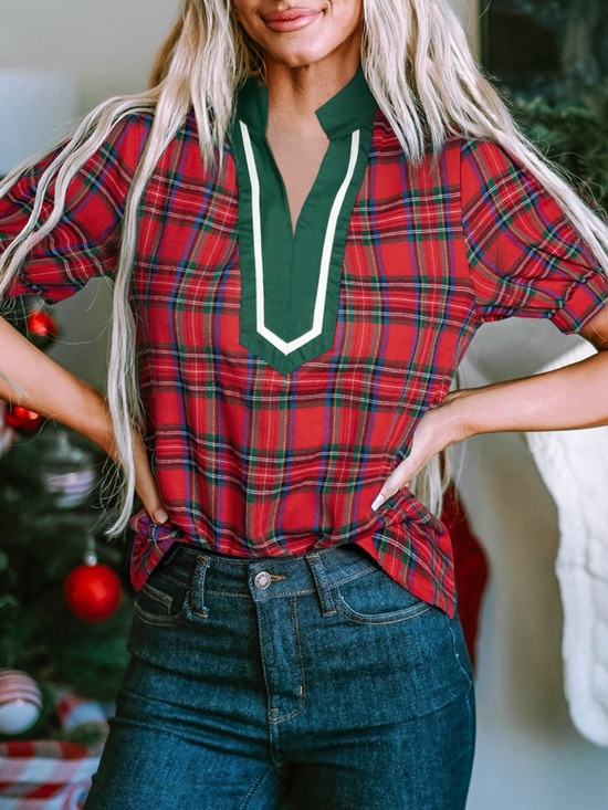 SYNZ Tops - Plaid Notched Short Sleeve Blouse